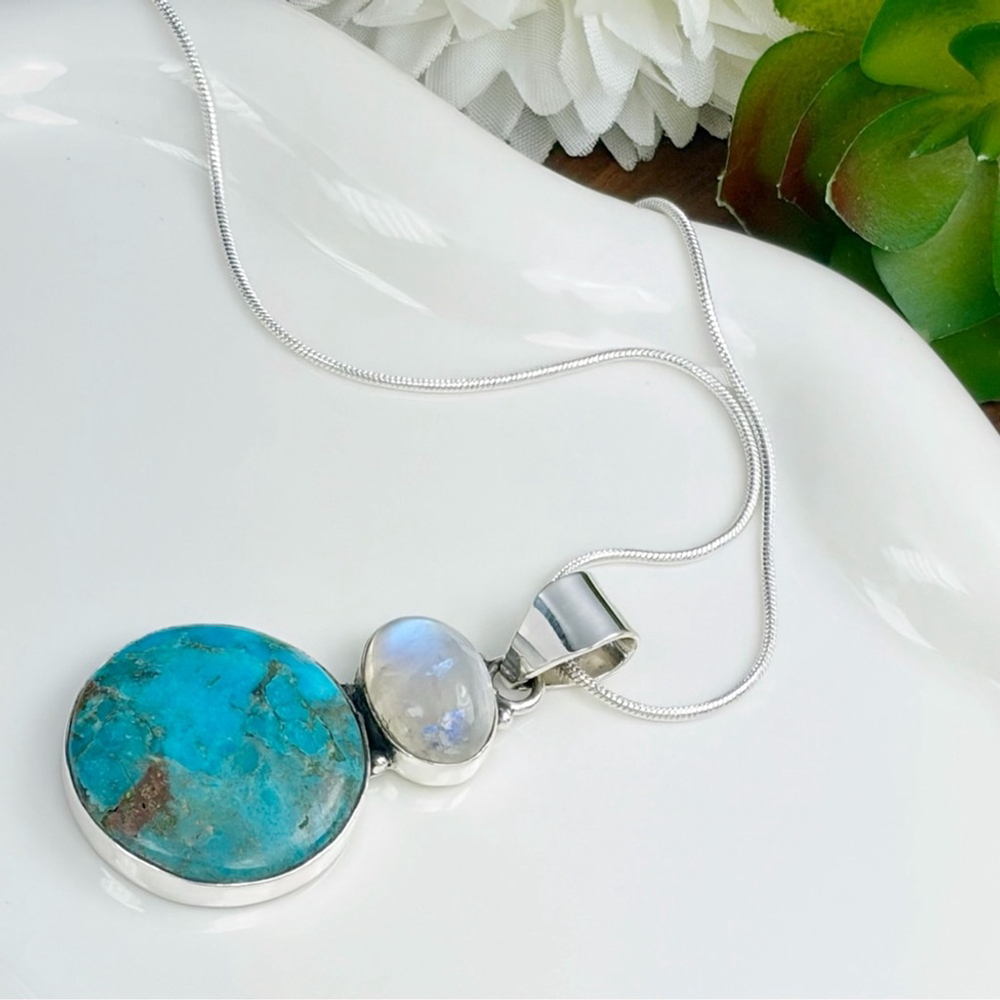 Rainbow Moonstone Turquoise Pendant Sterling Silver 925 Southwest Style - Picture 5 of 9